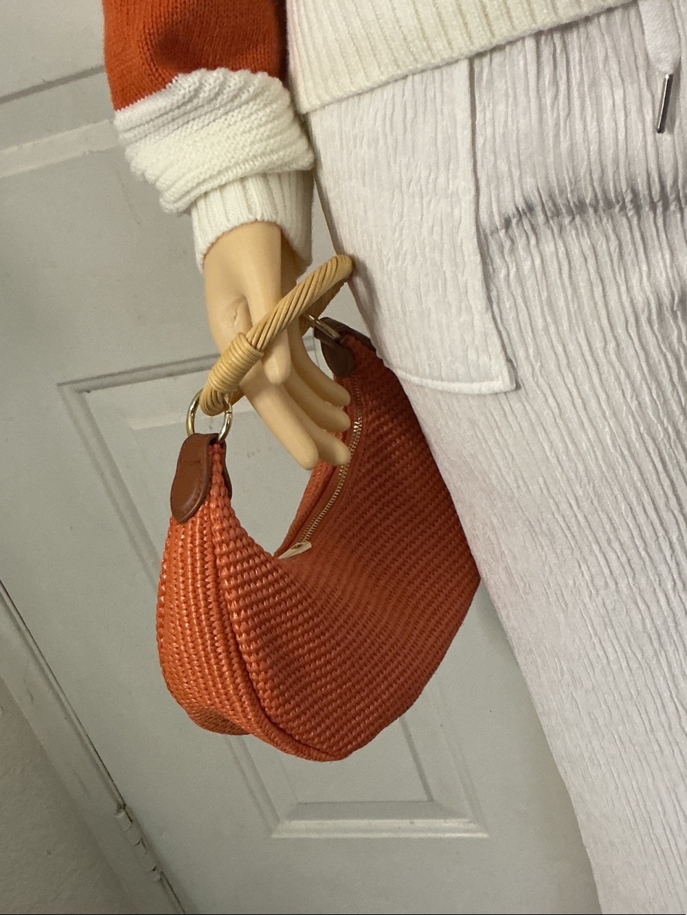 a new day Orange Woven Shoulder Bag with Bamboo Handle